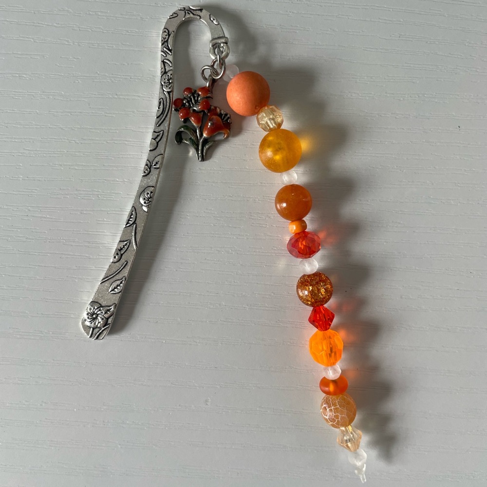 Handmade Orange Beaded Bookmark w/ Lily Flower Charm